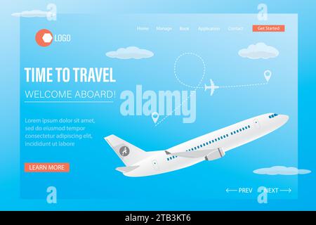 Reisezeit, Willkommen an Bord - Vorlage für Landing-Page. Weißes Flugzeug startet am Himmel. Reise- und Urlaubsbanner für das Internet. Abflugflugzeug. Leitung mit Stock Vektor