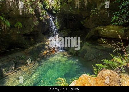 Kleiner Wasserfall und Pool im Namaza Canyon im Isalo Nationalpark, Region Ihorombe, Provinz Fianarantsoa, Madagaskar, Afrika Stockfoto