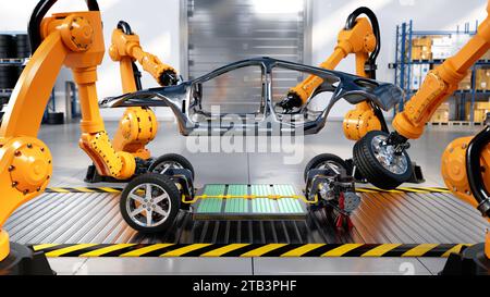 Montagelinie in der Elektrowagenfabrik mit Batteriezellen und industriellen Roboterarmen, 3D-Rendering. Stockfoto