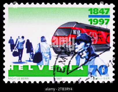 MOSKAU, RUSSLAND - 17. NOVEMBER 2023: Briefmarke in der Schweiz zeigt die Lokomotive 2000 (1990), 150 Jahre Schweizerische Bahn 1847-1997 Serie, cir Stockfoto