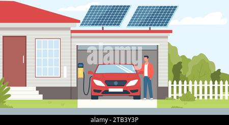 Laden eines Elektroautos in der Garage. Modernes Haus mit Sonnenkollektoren auf dem Dach. Umwelttechnik. Umweltschutz. Solarenergie. Grün Stock Vektor