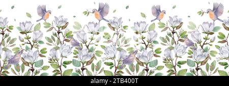 Weiße Magnolien auf isoliertem Hintergrund. Nahtloser Rand von blühenden Blumen in Aquarellfarben. Stockfoto