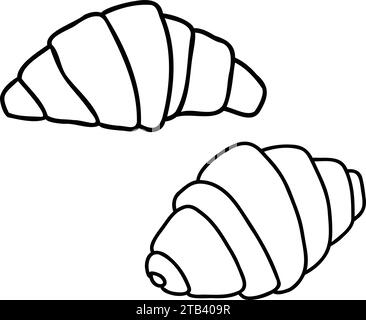 Set aus zwei Croissant-Symbolen. Handgezeichnete Illustration isoliert auf weißem Hintergrund. Für Verpackungsetiketten für Cafés, Bäcker oder Süßwaren. Linienglyphen Stock Vektor