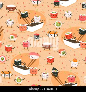 Nahtloses Sushi-Muster. Lustige asiatische Essensfiguren, japanisches Essen. Dekor Küchentextilien, Geschenkpapier, Tapetendesign. Rollt kawaii Gesichter Stock Vektor