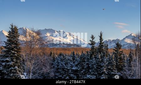 Flugzeugflug über die Chugach Mountains im Winter außerhalb von Anchorage, Alaska Stockfoto
