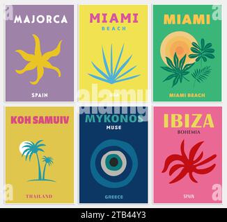 Retro-Reiseplakat Bunte Wandkunst, Mykonos-Druck, Stock Vektor
