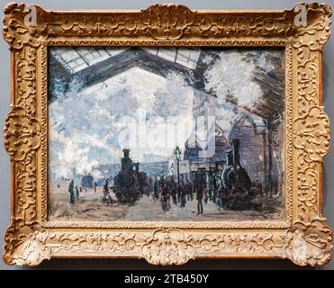 London, Großbritannien - 19. Mai 2023: The Gare St-Lazare von Claude Monet. Dieses Gemälde ist eines von einem Dutzend Ansichten des Gare Saint-Lazare, das Monet in EA malte Stockfoto