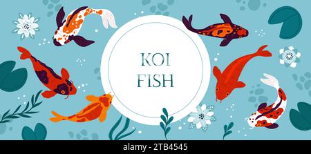 Koi-Fisch. Dekorativer asiatischer Teich. Japanische Karpfen von oben. Farbige Nishikigoi. Goldfische schwimmen im chinesischen See. Seerosen und Lotusblüten Stock Vektor