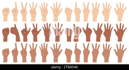 Männliche Hände zählen. Menschliche Arme mit unterschiedlicher Anzahl von Fingern. Internationale Hautfarben. Berechnungsgesten. Linke oder rechte Fäuste. Menschen Stock Vektor
