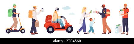 Essen zum Mitnehmen. Produktlieferung. Kuriere mit Rucksäcken für Lebensmittel. Pizza- und Burgerboxen. Lieferer, der auf Motorrad oder Roller fährt. Mann Stock Vektor