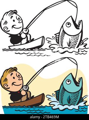Ein Vintage-Retro-Cartoon eines Mannes in einem Boot, der einen großen Fisch mit seiner Angelrute fängt. Stock Vektor