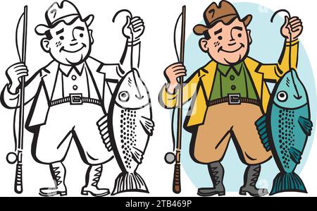 Ein Vintage-Retro-Cartoon eines stolzen Fischers, der einen großen Fisch hält, den er gefangen hat. Stock Vektor