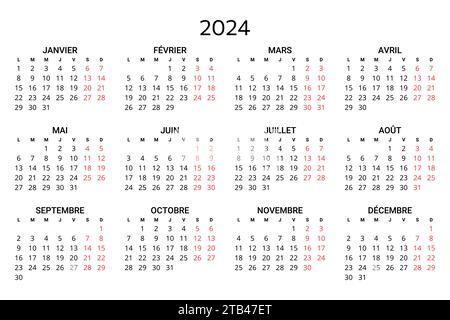 französischer Kalender 2024. Druckbare, editierbare Vektorillustration für Frankreich. 12 Monate Jahreskalender. Querformat Stock Vektor