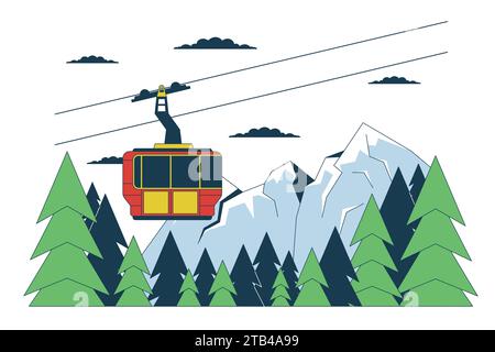 Gondelbahn Skilift Bergwald Linie Zeichentrick flache Illustration Stock Vektor