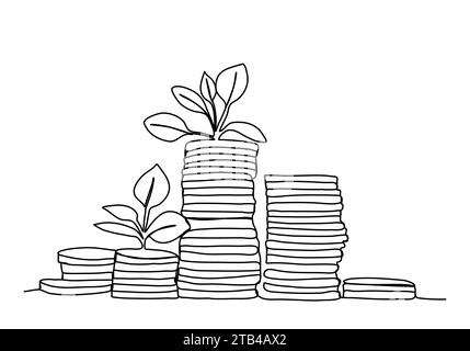 Münzen stapeln sich mit wachsender Pflanze, eine Linie zeichnende Vektorillustration. Stock Vektor