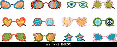 Groovige Sonnenbrille. Kollektion von Hippie-Sonnenbrillen im trendigen groovigen Stil. Stock Vektor