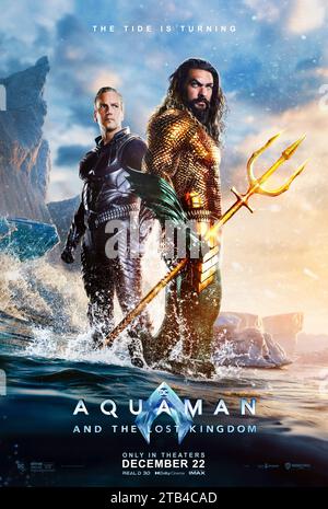 Aquaman and the Lost Kingdom (2023) von James Wan mit Jason Momoa, Ben Affleck und Patrick Wilson. Aquaman gleicht seine Pflichten als König und Mitglied der Justice League in dieser actiongeladenen Fortsetzung aus. US-Poster mit einem Blatt ***NUR FÜR REDAKTIONELLE ZWECKE***. Quelle: BFA / Warner Bros Stockfoto