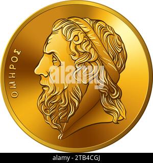 Vektorseite des griechischen Geldes, 50 Drachmen-Goldmünze mit Homer-Profil Stock Vektor