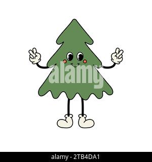 Vektor grooviger Retro-Zeichentrick-Weihnachtsbaum isoliert auf weißem Hintergrund Stock Vektor