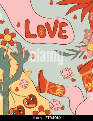 Retro-Valentinskarte. Zeigt groovige romantische Elemente im Cartoon-Stil und festliche Hippie-Charaktere. Perfekt für die Verwendung als Aufkleber mit Liebesmotiven auf Postern und Karten. Vektorabbildung. Stock Vektor