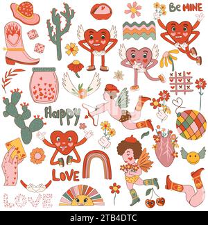 Retro-Sticker zum Valentinstag. Mit romantischen Cartoon-Elementen und Hippie-Charakteren. Enthält einen niedlichen Cupid im Vintage-Comic-Stil, ein laufendes Herz mit einer Blume. Vektor. Stock Vektor