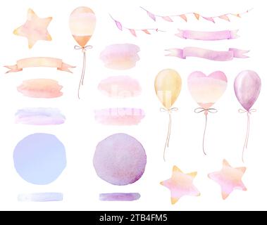 Aquarellband Banners Spots Clipart. Pinke Elemente für Kartendesign. Aquarellballons für Baby Card-Illustrationen. Aquarellset Stockfoto