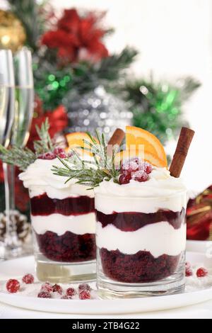 Weihnachts-Cranberry-Dessert-Tiramisu mit Mascarpone und Schlagsahne, Schokoladen-Kekskrümel und Cranberry-Marmelade, garniert mit Orangenscheiben, Dose Stockfoto