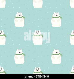 Nahtloses Wintermuster mit süßem weißen Bären in einem Strickschal unter dem fallenden Schnee, mit wechselbarer Hintergrundfarbe. Vektorabbildung für Stock Vektor
