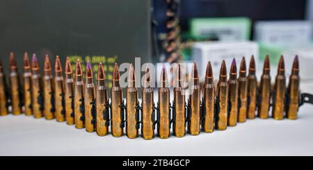 Bandolier oder Munitionsgürtel mit Maschinengewehrkugeln auf der Waffenmesse, Nahaufnahme Stockfoto