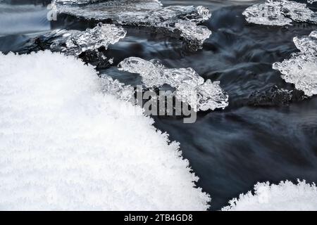 Eis auf dem gefrorenen Fluss, Nahaufnahme Makrodetails, Wasser fließt unter, Langzeitaufnahme Foto Stockfoto