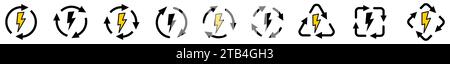 Flash-Symbol in Pfeilen, die Zyklus bilden, zwei drei und vier Pfeile. Konzept für die Aufladeenergie Stock Vektor