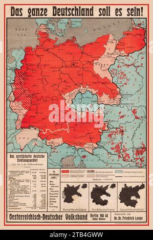 Vintage 1920er Jahre Propagandakarte von Deutschland mit dem Titel "es sollte ganz Deutschland SEIN" (das GANZE DEUTSCHLAND SOLL es SEIN!) Gemacht zwischen den Kriegen. In den 1920er Jahren benötigte Deutschland kartografisch illustrierte Unterstützung für die Behauptung, der Vertrag von Versailles sei unfair gewesen. Die Karte wurde vom österreichisch-deutschen Volksbund mit Sitz in Berlin veröffentlicht Stockfoto