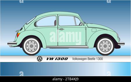 Deutschland, Jahr 1972, Volkswagen Beetle VW1303, Silhouette Oldtimer, farbige Illustration Stockfoto