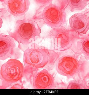 Abstrakte Alkoholtinte flüssiger Rosenfleck Luxus Hintergrund. Rosa rote Rosenblüten flüssige Flecken, Spritzer nahtlose Muster Textur. Druck für Textil, fa Stockfoto