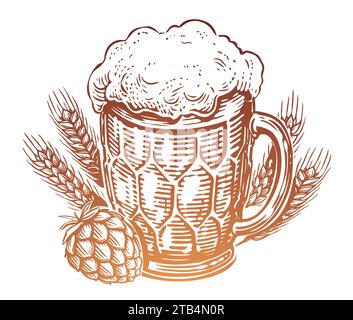 Handgezogener Becher Bier mit Schaum, Hopfen und Weizen. Pub, Skizze Vintage Vektor Illustration Stock Vektor