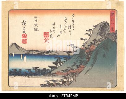 Abendglocke im Miidera-Tempel, aus der Serie Acht Views of Omi (Omi hakkei) 1919 von Utagawa Hiroshige Stockfoto