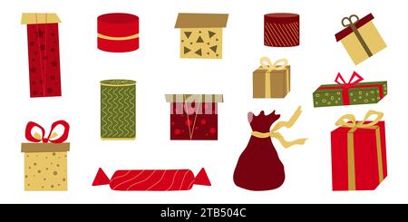 Stellen Sie bunte Geschenkboxen isoliert weißen Hintergrund. Entwerfen Sie festliche Banner, Flyer. Vektorabbildung... Stock Vektor