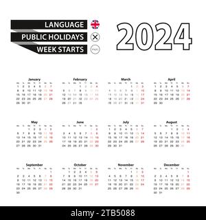 Kalender 2024 in englischer Sprache, die Woche beginnt am Montag. Vektorkalender 2024 Jahre. Stock Vektor