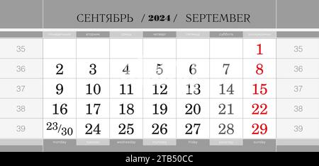 Vierteljährlicher Kalenderblock für das Jahr 2024, September 2024. Wandkalender, Englisch und Russisch. Die Woche beginnt am Montag. Vektorabbildung. Stock Vektor