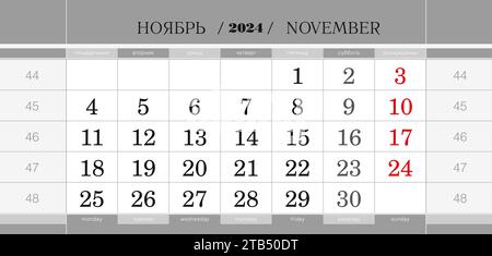 Vierteljährlicher Kalenderblock für das Jahr 2024, November 2024. Wandkalender, Englisch und Russisch. Die Woche beginnt am Montag. Vektorabbildung. Stock Vektor