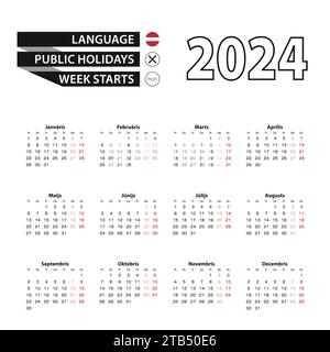 Kalender 2024 in lettischer Sprache, die Woche beginnt am Montag. Vektorkalender 2024 Jahre. Stock Vektor