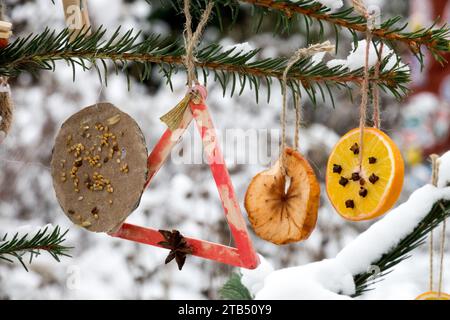 Hausgemachte Weihnachtsdekorationen, die draußen am Weihnachtsbaum hängen, runde Orangenscheiben und andere Dekorationen, Früchte Stockfoto