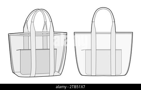 Transparente Strandtasche mit herausnehmbarer Innentasche. Mode Accessoire technische Illustration. Vektor-Umhängetasche vorne 3-4 Ansicht für Männer Frauen Stil, flache Handtasche CAD Modell Skizze Umriss isoliert Stock Vektor
