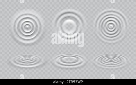 Wellige Wasserkreiswellen oder Schallbewegungen und Tropfenspritzer in Flüssigkeit, Vektorhintergrund. Tropfen wellig auf der Wasseroberfläche realistischer Effekt mit kreisförmiger transparenter Textur und konzentrischem Wellenmuster Stock Vektor