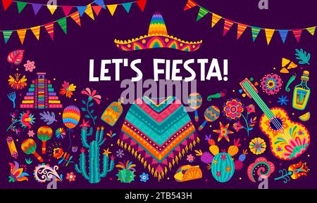 Mexikanische fiesta Party Banner mit Sombrero, Gitarre und Poncho in tropischen Blumen Ornament, Vektor Hintergrund. Mexikanische feiertagsfeier mit farbenfrohem Muster aus aztekischer Pyramide, Tequila und Paprika Stock Vektor