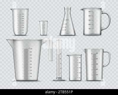 Messen Sie Glasbecher und -Behälter, Laborbecher und Chemiekolben, realistische Vektoren. Laborgeräte und Testgläser, isolierte Chemikalienröhrchen und Messzylinder und Fläschchen Stock Vektor