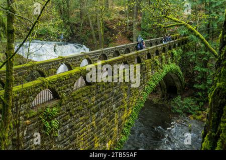 Blick auf die Steinbrücke von 1939 über den Whatcom Creek im Whatcom Falls Park in Bellingham, Whatcam County, Washington State, USA. Stockfoto