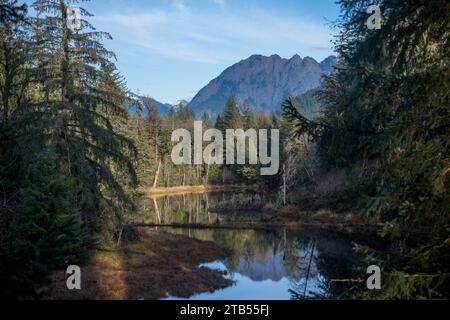 Blick auf den Oxbow Lake im Middle Fork Snoqualmie River vom Oxbow Loop Trail in der Nähe von North Bend im US-Bundesstaat Washington. Stockfoto