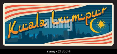 Bundesgebiet Kuala Lumpur in Malaysia. Vektor-Reiseschild oder -Aufkleber, Vintage-Willkommensschild, Retro-Urlaubs-Postkarte oder Reiseschild, Gepäckanhänger. Silhouette und Flagge im Stadtbild Stock Vektor