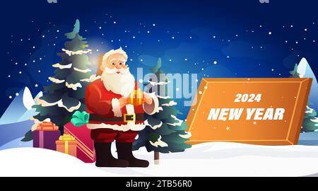 weihnachtsmann in rotem Kostüm und Hut in der Geschenkbox weihnachtsfeier weihnachtsfeier Glückwunsch zum neuen Jahr Grußkarte Stock Vektor